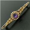 Image 2 : 15k Yellow Gold .64 ctw Old Cut Amethyst & Seed Pearl Brooch Pin