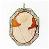Antique Art Deco 14K White Gold Carved Shell Cameo Open Filigree Brooch Pendant