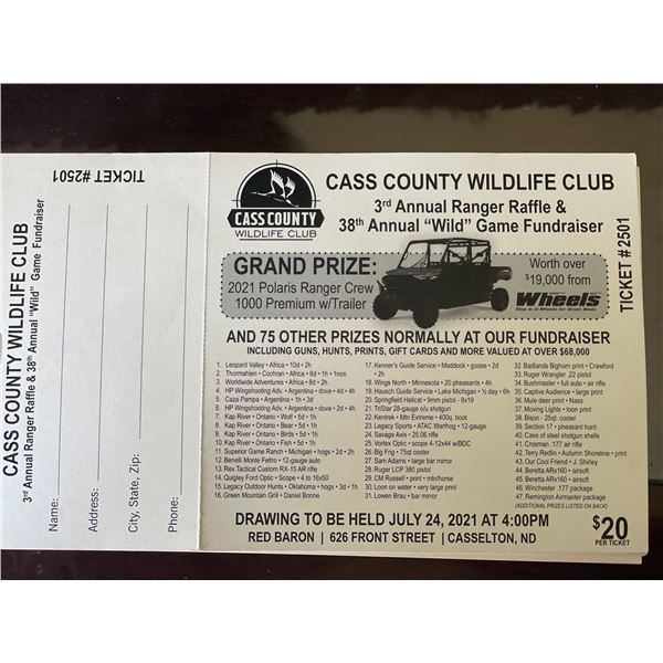 100 raffle tickets - 2021 Polaris Ranger Raffle plus 75 other prizes - Cass County Wildlife Club