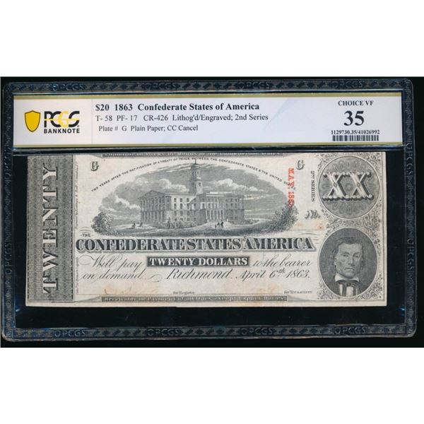 1863 $20 T-58 Confederate PCGS 35