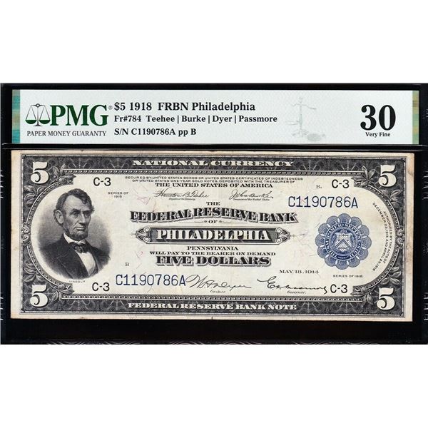 1918 $5 Philadelphia FRBN PMG 30