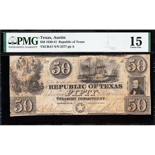 1839-41 $50 Austin TX Obsolete Note PMG 15