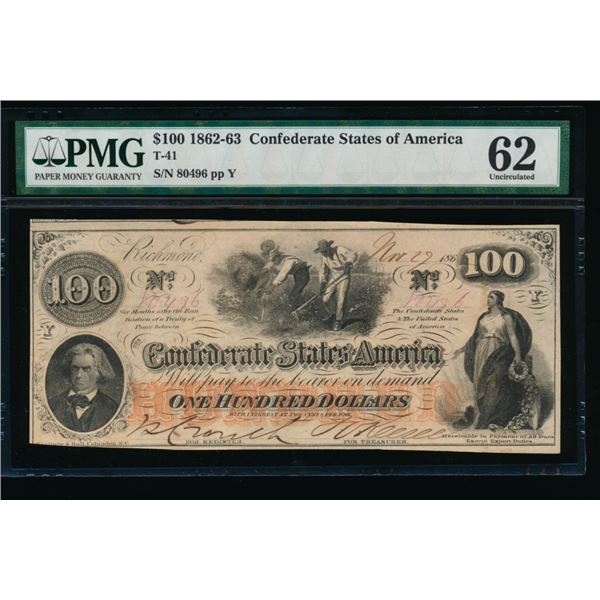 1862-63 $100 T-41 Confederate PMG 62