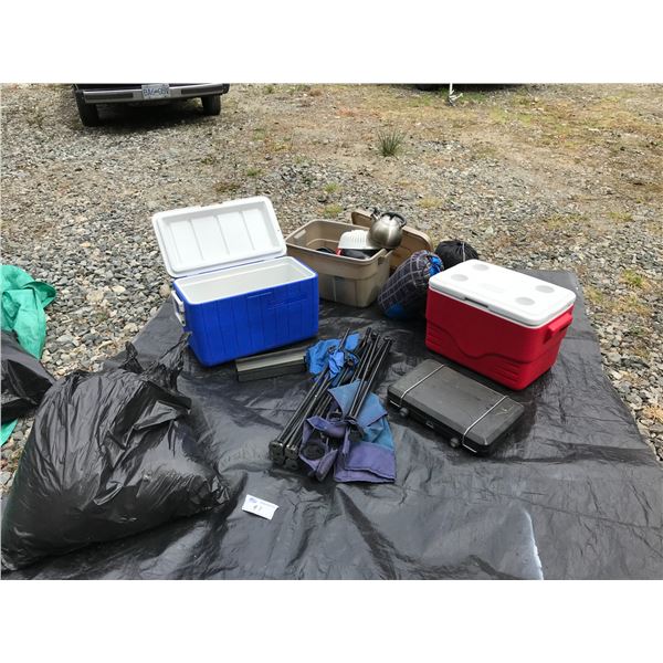 CAMPING SUPPLY KIT (PROPANE STOVE, COOLERS, 2 X SLEEPING BAGS, POTS, PLATES, CUTLERY, FOLDING