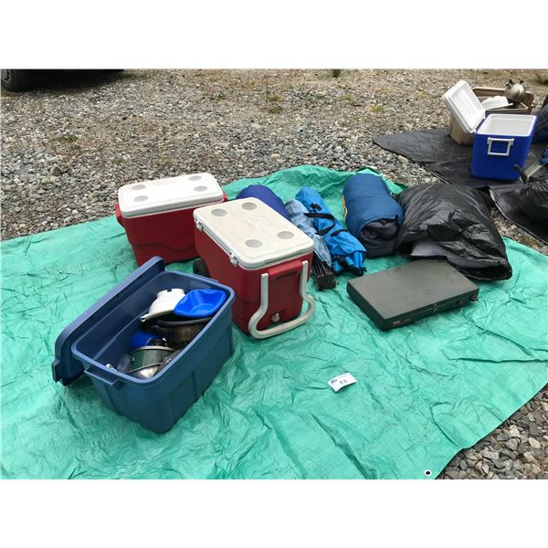 CAMPING SUPPLY KIT (PROPANE STOVE, COOLERS, 2 X SLEEPING BAGS, POTS, PLATES, CUTLERY, FOLDING