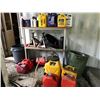 Image 1 : SHELF LOT OF ASSTD FLUIDS, OIL FILL PUMP, OIL PAN, PORTABLE AIR TANK, 6 ASSTD FUEL TANKS *NANAIMO*