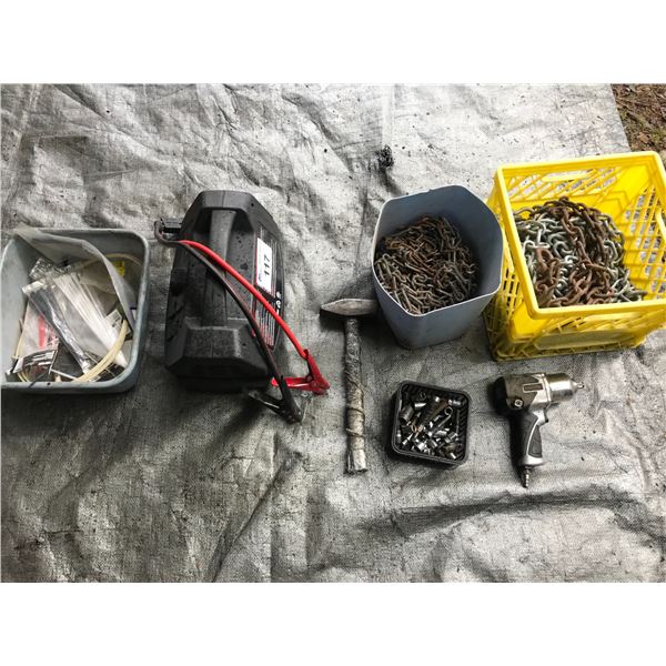 BATTERY BOOSTER PACK WITH BROKEN CABLE, 1/2" IMPACT GUN, BOX OF TORQUES, SOCKETS & ALLEN SOCKETS,