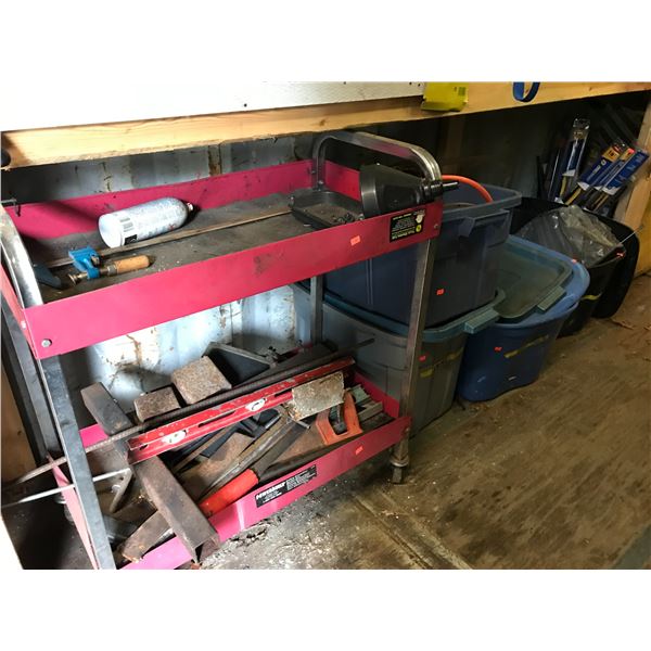 5 BINS ASSTD BRAKE PARTS (BRAKE PADS, TUBING, WINDSHIELD WIPERS) & ROLLING TOOL CART WITH CONTENTS