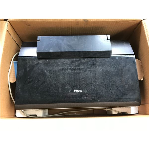 GROUP LOT - EPSON R280 PRINTER, DVD PLAYER, MISC OFFICE EQUIPMENT & PLASTIC TOTES *NANAIMO*