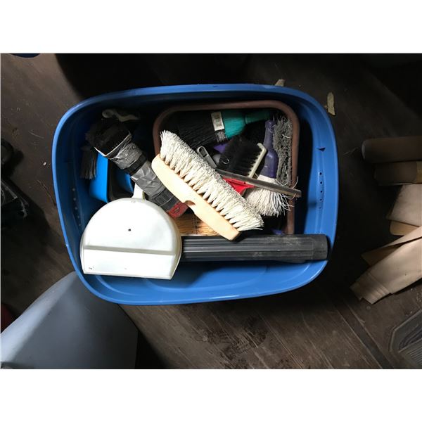 SHELF LOT - BIN OF BRUSHES, 2 BINS ASSORTED PAINT ETC & 1 BIN BODY TRIM *NANAIMO*