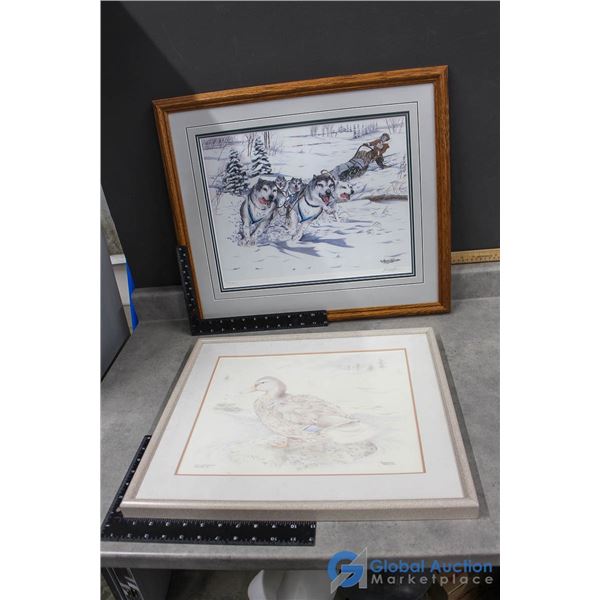 Framed Dog Sledding Racer & Mallard Duck Art