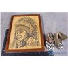 Image 1 : Framed Native Indigenous Drawing (on wood) & Pair of Beaded Moccasins (baby size)