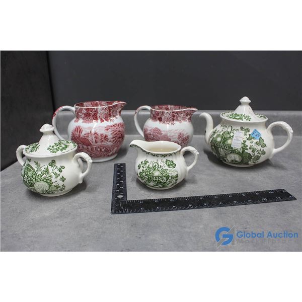 (3) Piece Mason's Teapot/Sugar/Cream China & (2) Wood & Sons Pitchers