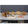 Image 1 : Wooden Folk Art, Vases, Piggy Bank, Decor & (1) Himalayan Salt Block