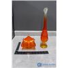 Image 1 : Orange Coloured Glass Candy Dish & Vase