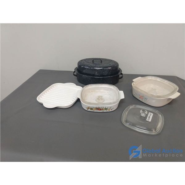 (2) Corningware Casserole Dishes w/Lid; Corningware Griddle; Roaster