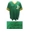 Image 1 : JOSE CANSECO SIGNED OAKLAND A’S GREEN THROWBACK REPLICA BASEBALL JERSEY W/86 AL ROY (SCHWARTZ COA)