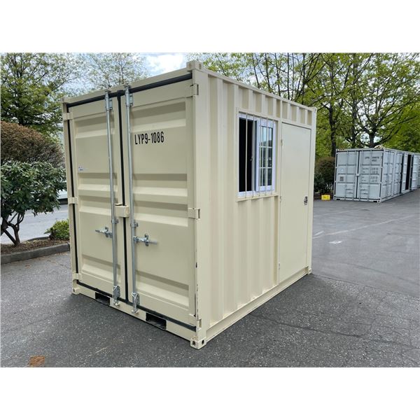 BEIGE PORTABLE OFFICE CONTAINER W87  X L108  X H99  WITH WINDOW AND LOCKING MAN DOOR