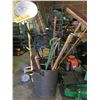 Image 1 : BIN OF ASSORTED SHOVELS, BROOMS, AND GREY 2 WHEELED DOLLY