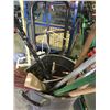 Image 2 : BIN OF ASSORTED SHOVELS, BROOMS, AND GREY 2 WHEELED DOLLY