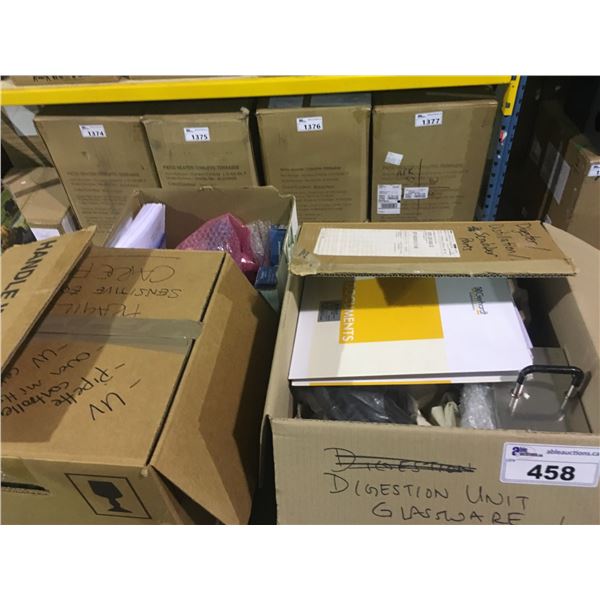 3 BOXES OF LAB EQUIPMENT, TITROLINE 5000, MANUALS, AND MORE