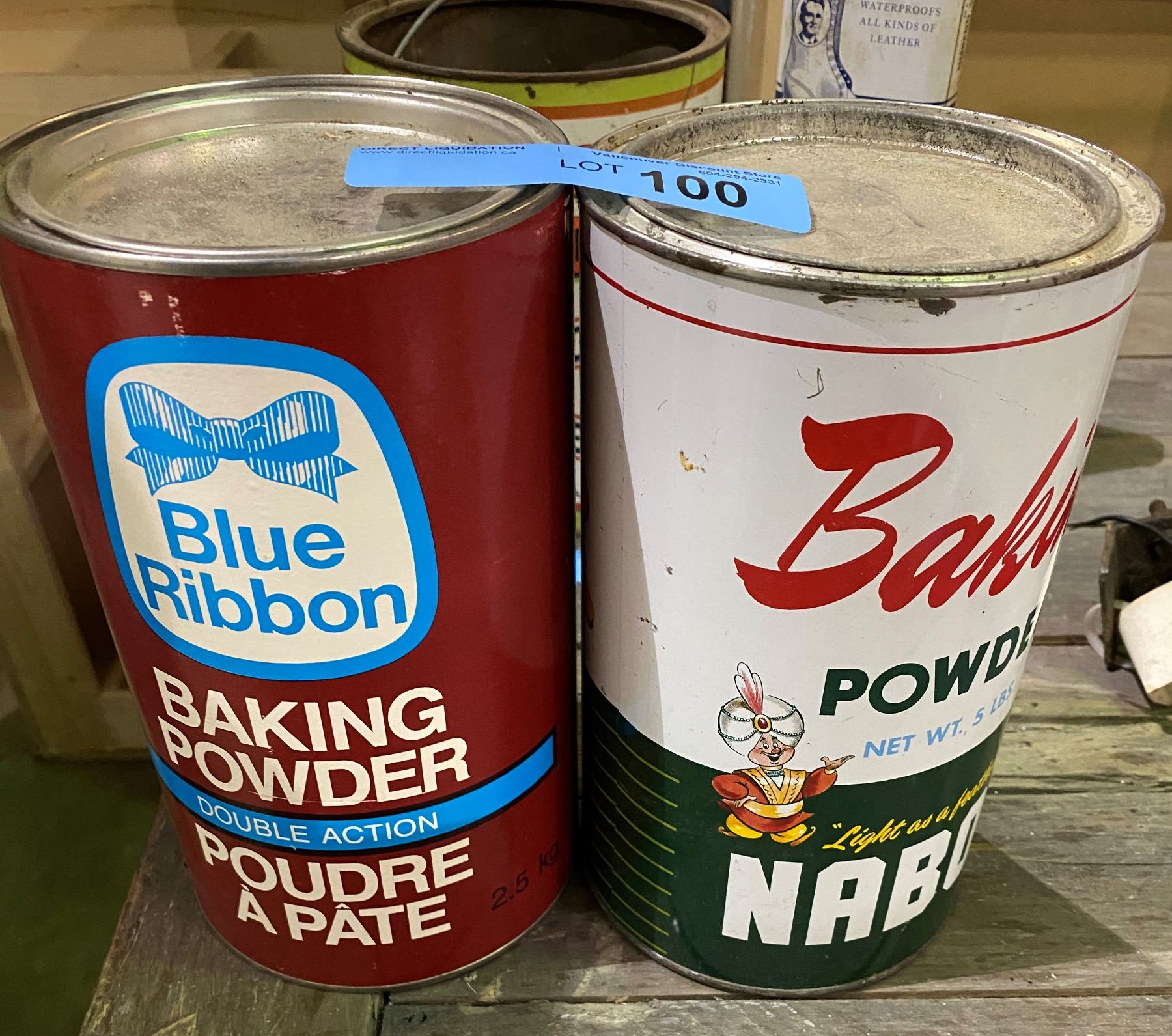 2 Tin Cans (blue ribbon baking powder and nabob baking powder)