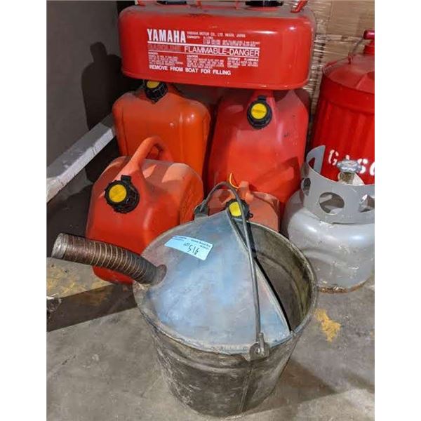 A large lot of Jerry cans (assorted sizes) and 2 small propane tanks