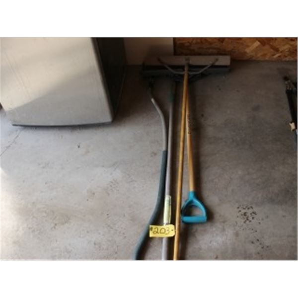 SNOW SHOVEL, PUSH BROOM, 2 RAKE HANDLES