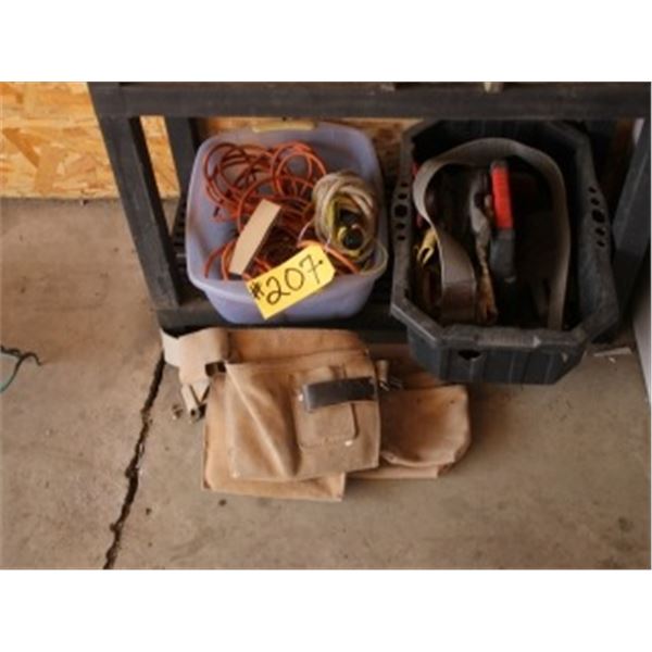 BLACK PLASTIC SHELF C/W 2 BINS WITH GLOVES, CORDS, ROPE, & 2 TOOL BELTS