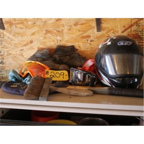 ANTIQUE SKATES, HELMET, GOGGLES, TENNIS RACKET