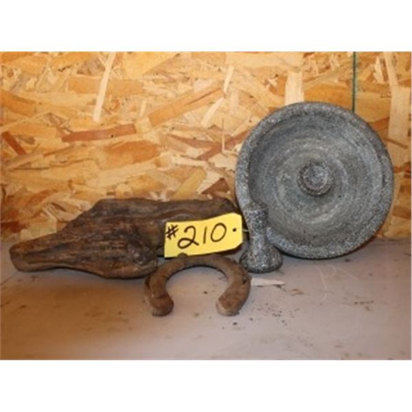 2 PIECES OF PETRIFIED WOOD, MORTAR & PESTLE, HORSESHOE