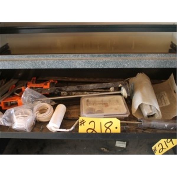 SHELF OF MISC CAULKING GUNS, WIRE, DREMEL BITS