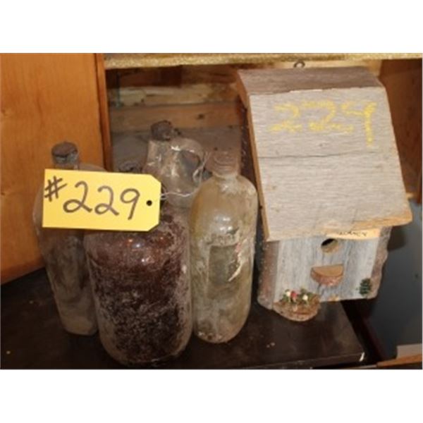 4 GLASS JUGS, WOOD BIRD HOUSE