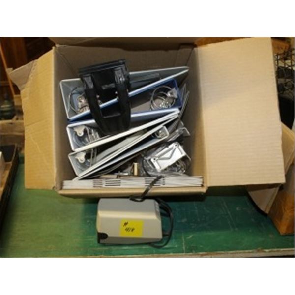 BOX OF BINDERS & ELECTRIC SHARPENER