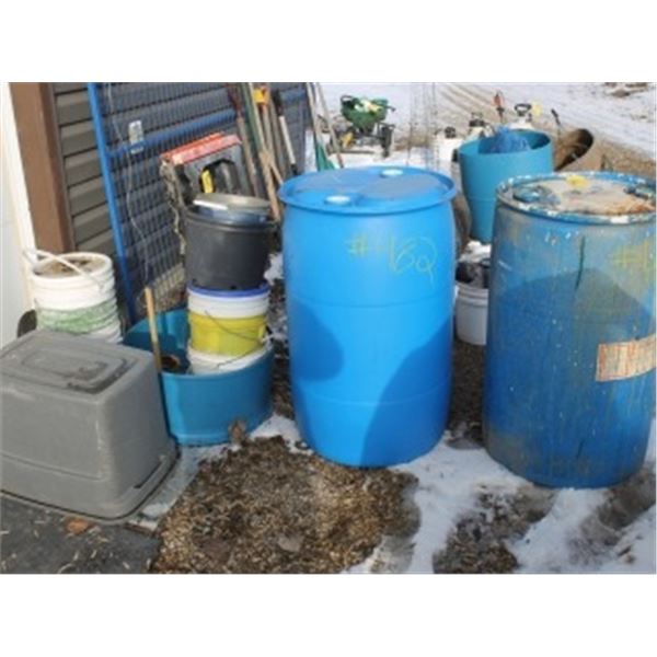 2 RAIN BARRELS & ASSORTED PAILS