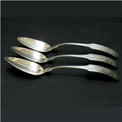 Three coin silver serving spoons; initiale
