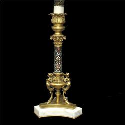 Champleve and bronze dore column lamp; thr