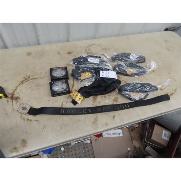 6 new Leather Biker Head Wraps, 2 New Chopper Belt Buckles, New Harley Davidson Belt & Buckle