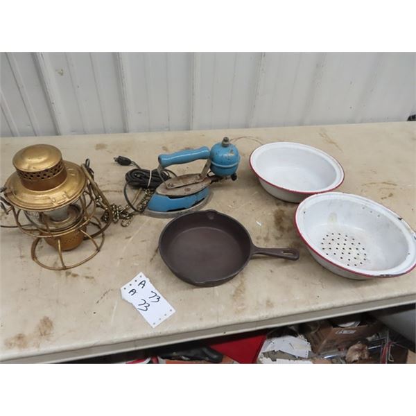 Electrified CNR Lamp, Coleman Iron Gas, Cast Frying Pan, & Enamelware