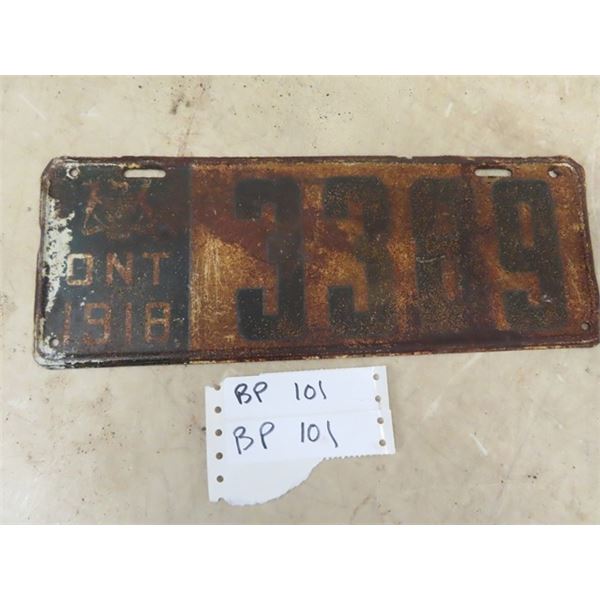 1918 ON License Plate (Owner's Info Says its Motorcycle License Plate)