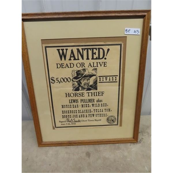 Framed Horse Thief Reward Poster / Picture - Frame Is 22" x 26"