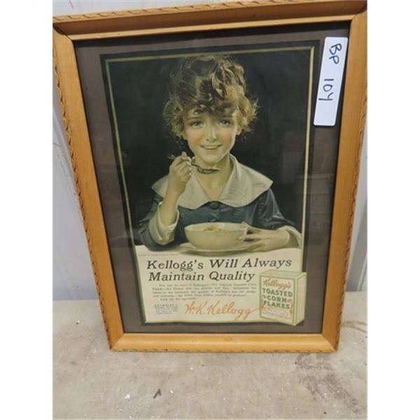 Kellogs Framed Paper Adv/ Picture - Copyright Date 1917 - 13" x 17"
