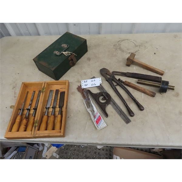 Wood Chisel Set- Measuring Devices, Small Bolt Cutter, Metal Lock Box w Key