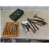 Image 1 : Wood Chisel Set- Measuring Devices, Small Bolt Cutter, Metal Lock Box w Key