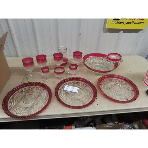 Crystal Ruby Glassware , Pitcher , Trays Plus More!