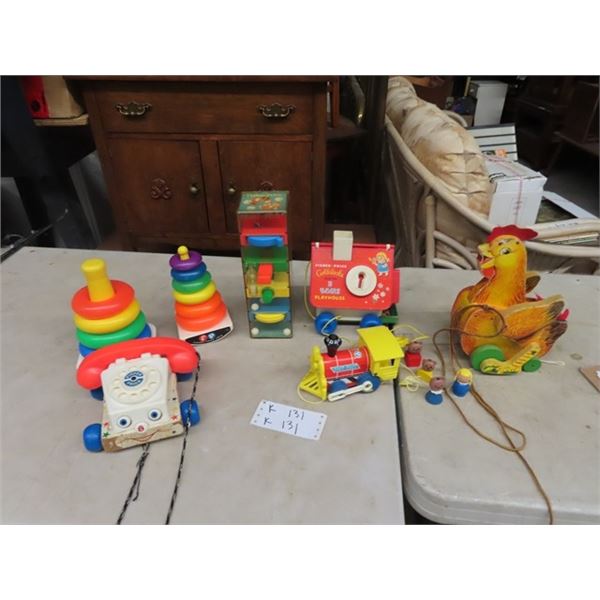 (K) Fisher Price Pull Rooster, Train, Goldilocks & Bears, Fisher Price Telephone & Fisher Price Toss