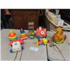 Image 1 : (K) Fisher Price Pull Rooster, Train, Goldilocks & Bears, Fisher Price Telephone & Fisher Price Toss