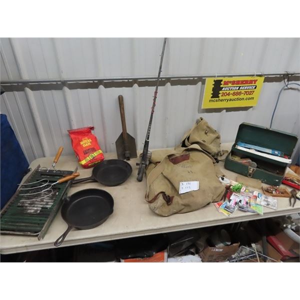 Fishing Tackle & Box ( Full ) , Fishing Rod, 2 Cast Frying Pans, BBQ, Camping Shovel, Canvas Carry &