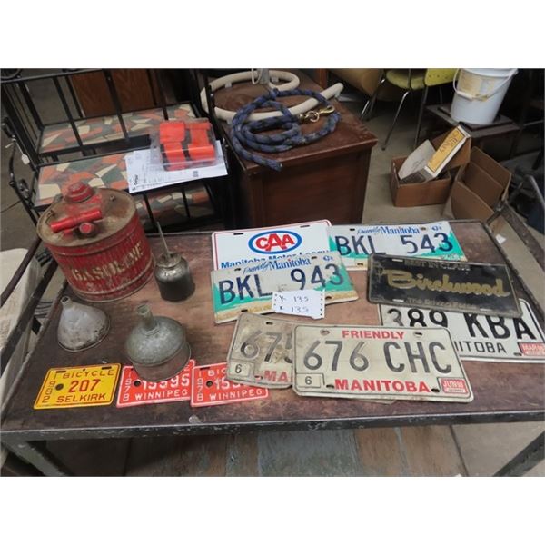 (K) LIcense Plates. Bicycle & Auto , Gas & Oil Cans