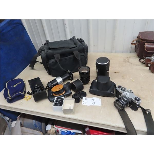 (K) Pentax Spotamatic, Extra Lenses, 1) 35-105mm Case & Extras, Vitomatic # Camera & Kodak Supermati